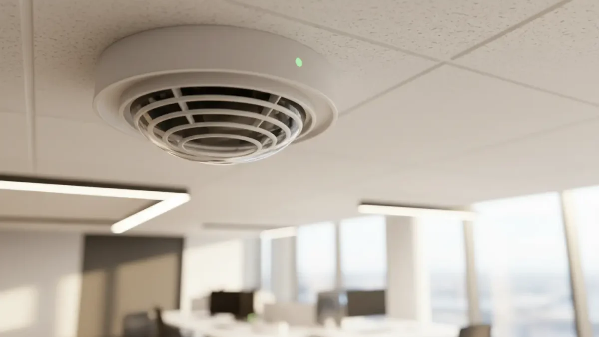 Smoke detector close-up in a UK office ceiling for fire risk assessment compliance 2026.