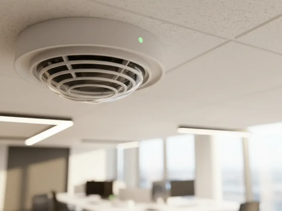 Smoke detector close-up in a UK office ceiling for fire risk assessment compliance 2026.