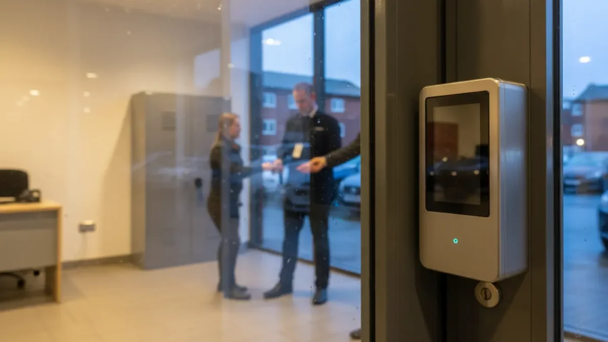 Key-fob access control reader securing a Manchester car showroom key room.