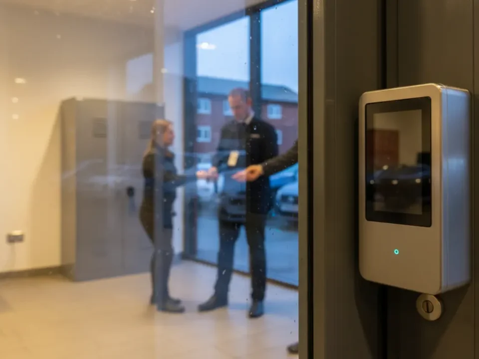 Key-fob access control reader securing a Manchester car showroom key room.