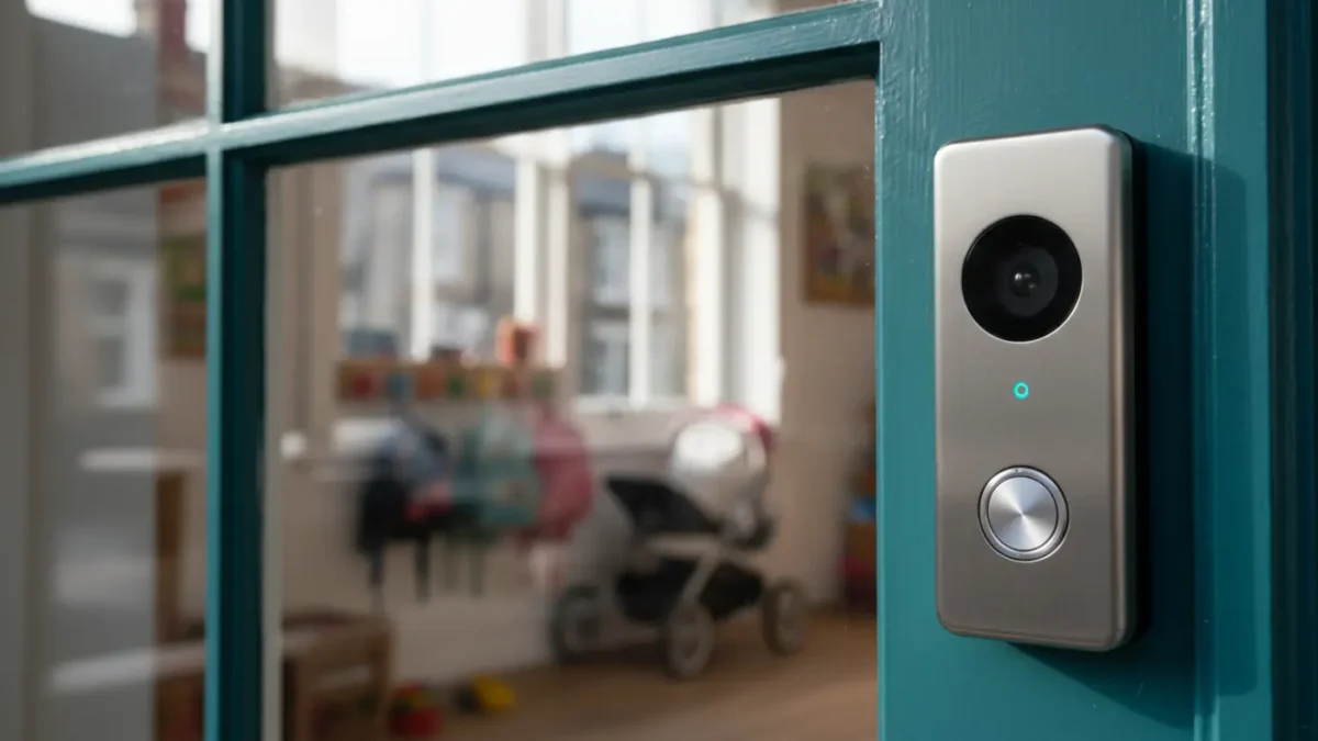 Video intercom access control at Manchester nursery entrance, morning light, controlled entry system