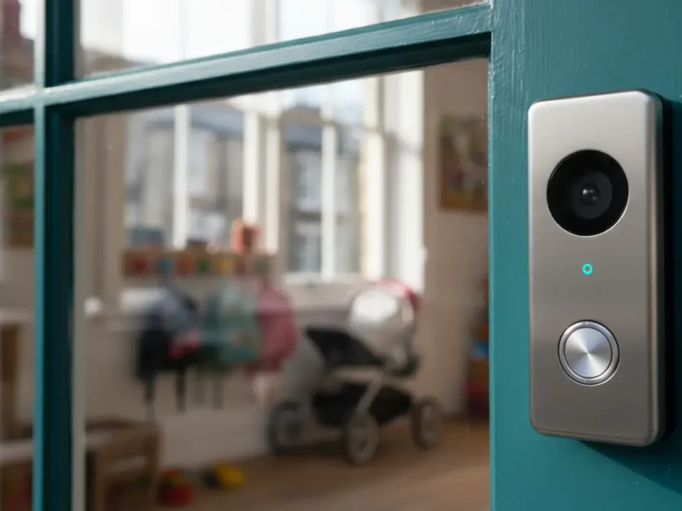 Video intercom access control at Manchester nursery entrance, morning light, controlled entry system
