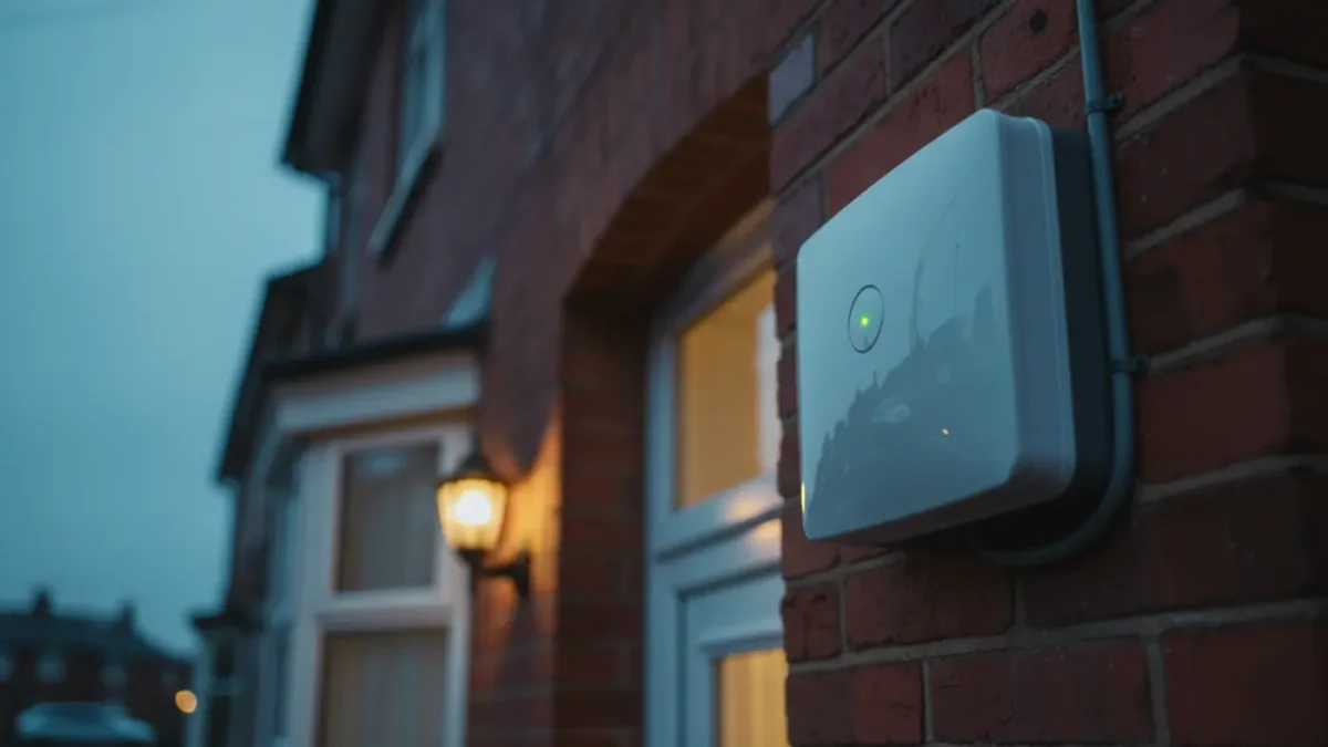 External alarm bell box on Manchester home at dusk, police response intruder alarm setup.