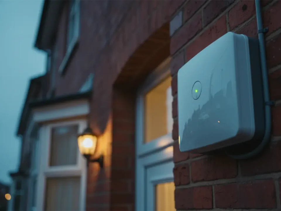 External alarm bell box on Manchester home at dusk, police response intruder alarm setup.