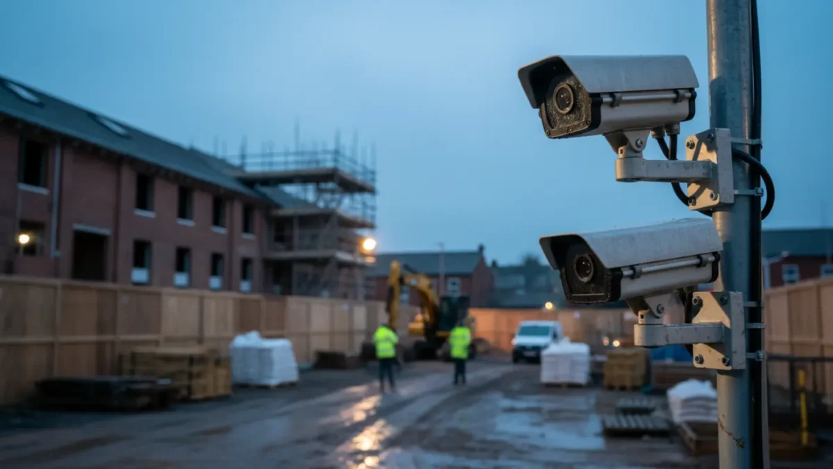 Construction site CCTV cameras on a Manchester redevelopment site at blue hour