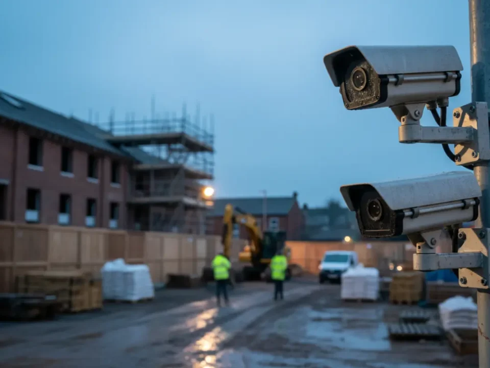 Construction site CCTV cameras on a Manchester redevelopment site at blue hour