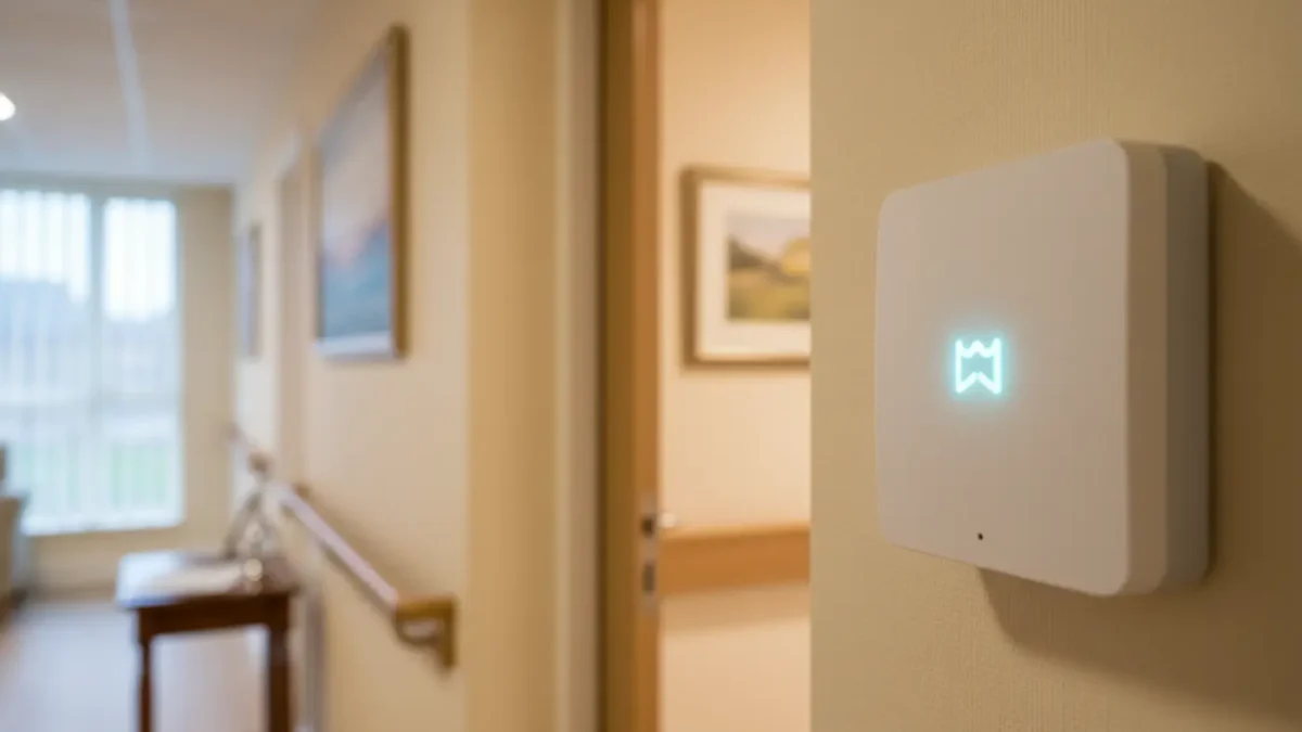 Intruder alarm keypad in a North West care home corridor, discreet security supporting safeguarding.