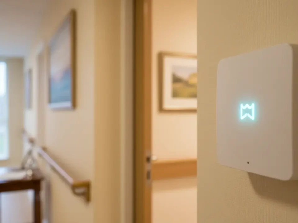 Intruder alarm keypad in a North West care home corridor, discreet security supporting safeguarding.