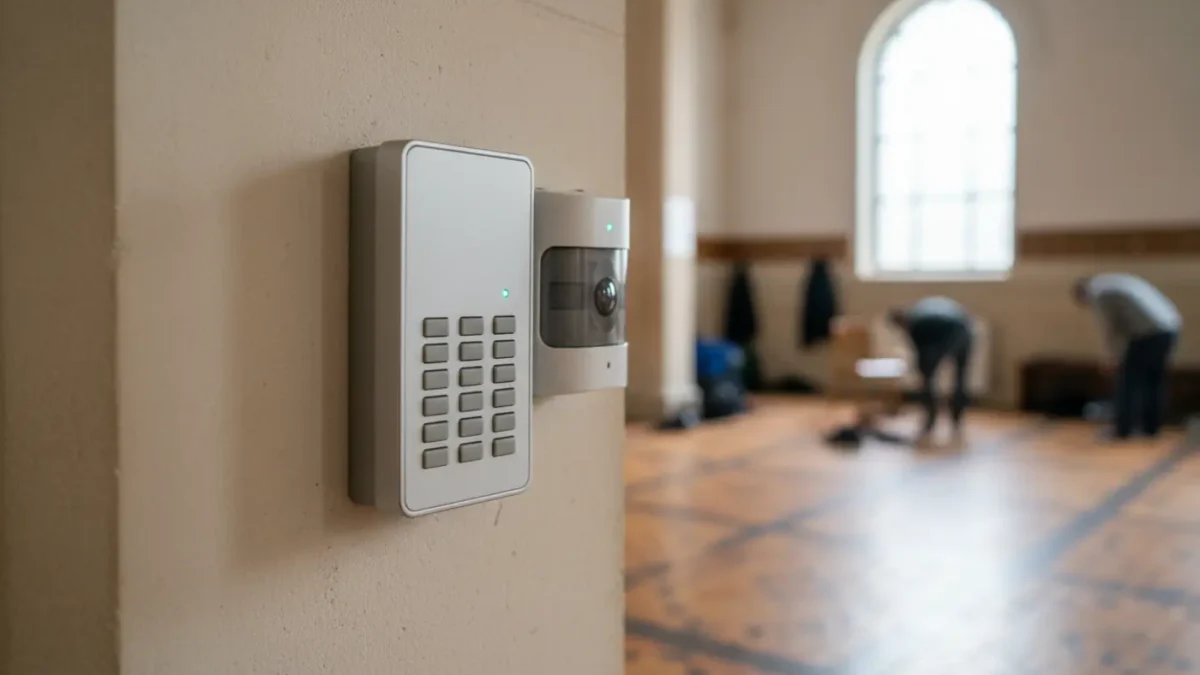Intruder alarm keypad protecting a Manchester mosque entrance for worship security