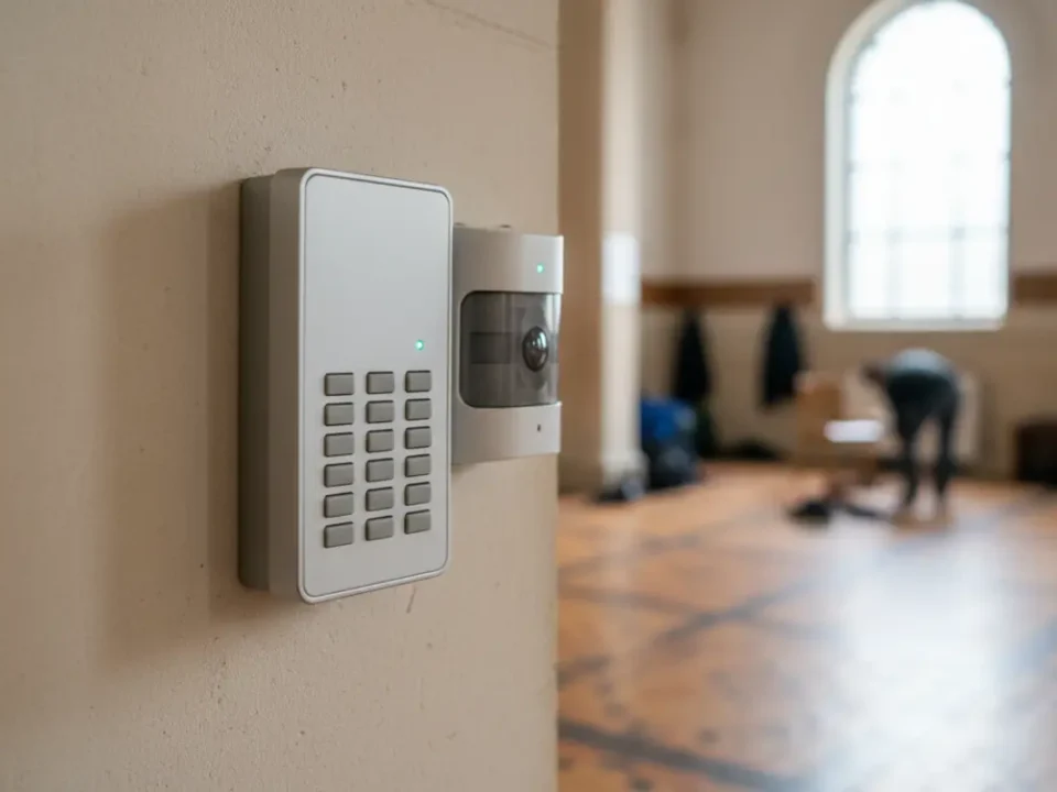 Intruder alarm keypad protecting a Manchester mosque entrance for worship security