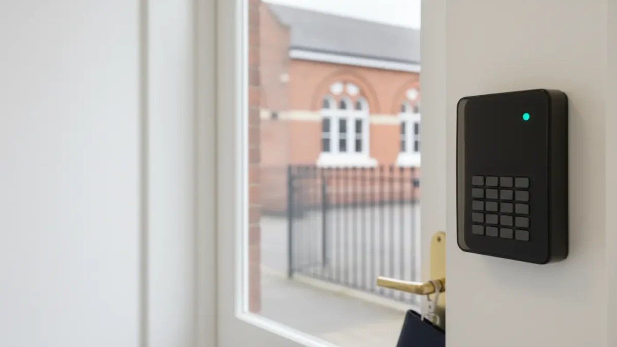Unbranded intruder alarm keypad in a Manchester school corridor for SSAIB school alarm guidance