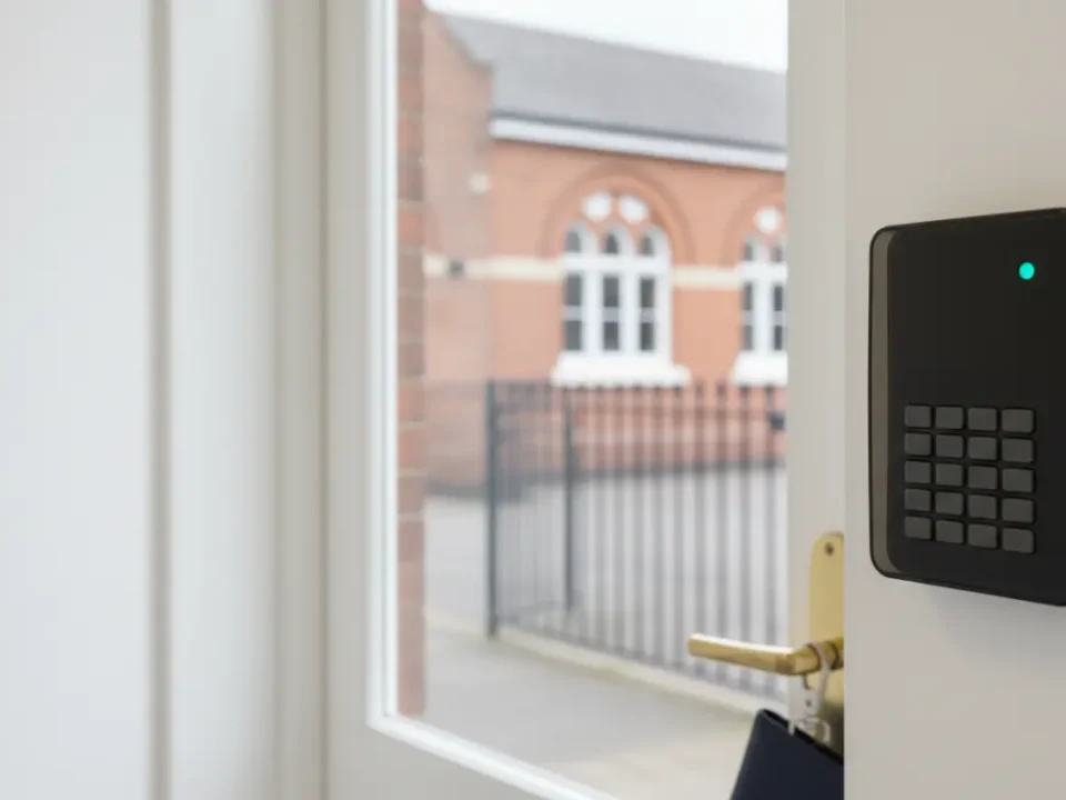 Unbranded intruder alarm keypad in a Manchester school corridor for SSAIB school alarm guidance