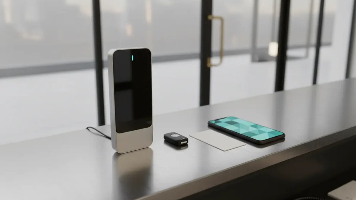 Access control reader with fob, smart card, biometric and app options in a Manchester office.