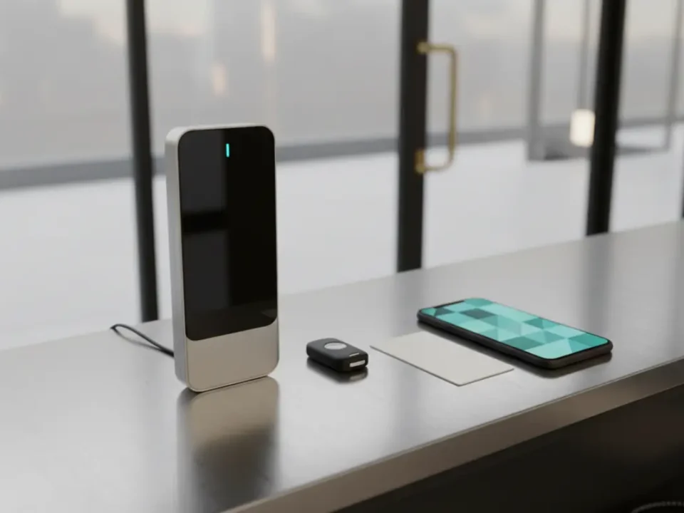 Access control reader with fob, smart card, biometric and app options in a Manchester office.