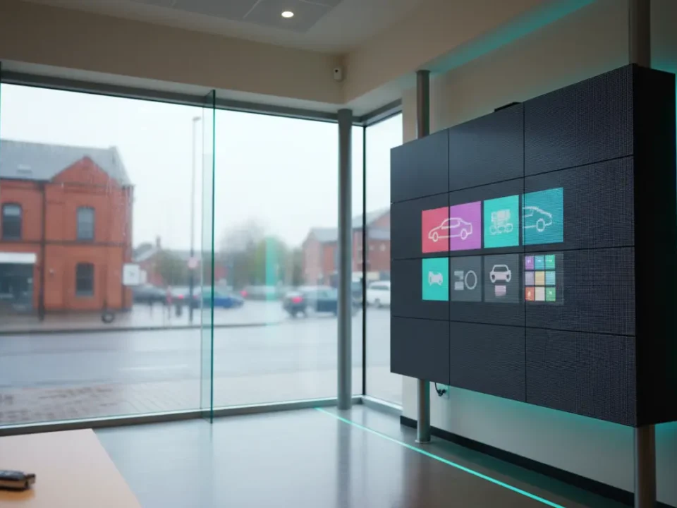 LED display screen in a Manchester car showroom for dealership signage