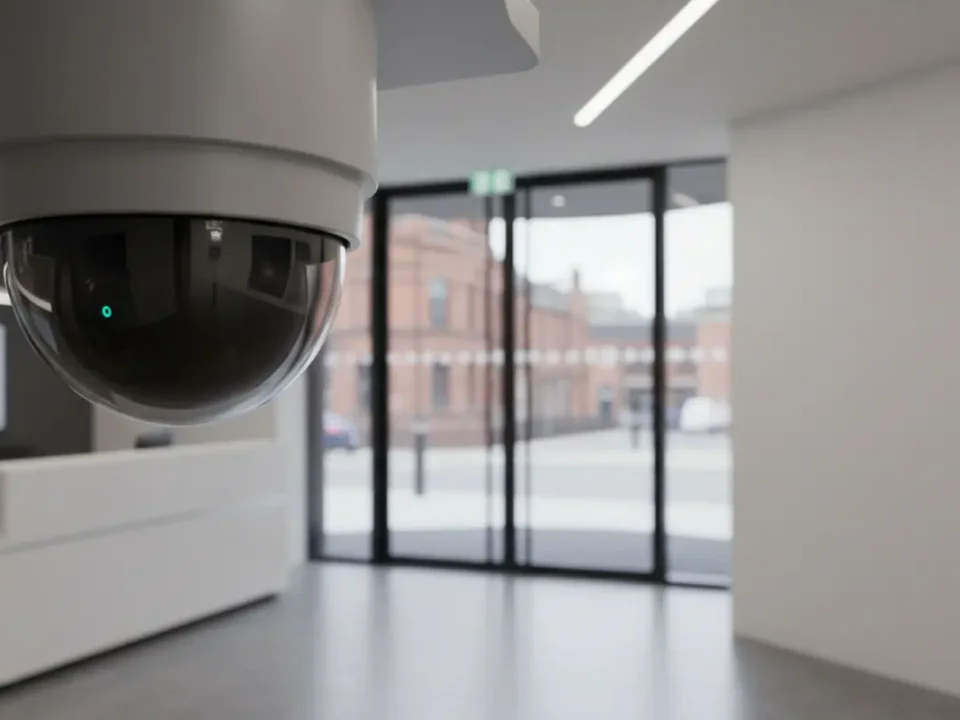 4K dome CCTV camera in a Manchester office reception, highlighting lawful workplace surveillance setup.