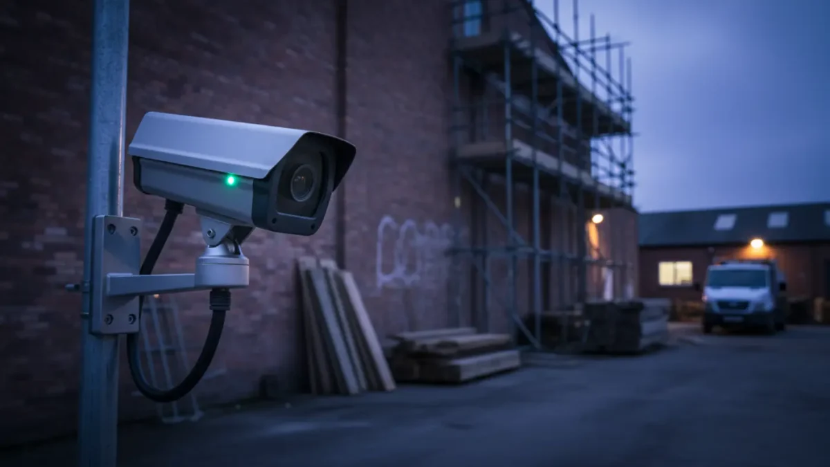 PTZ construction site security camera on a Manchester building site at blue hour