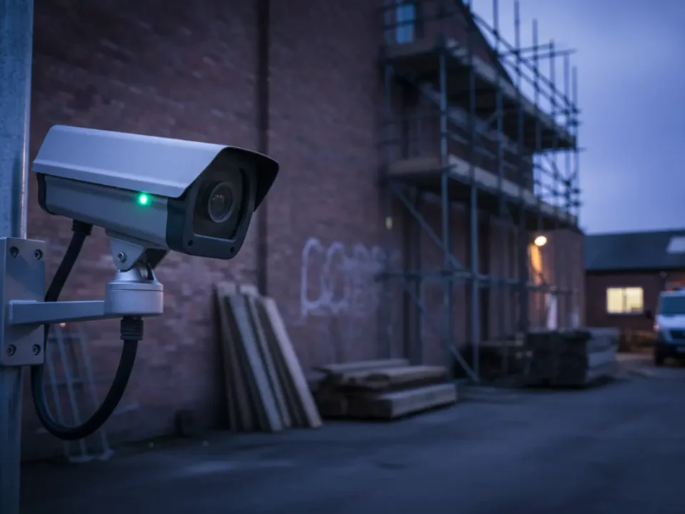 PTZ construction site security camera on a Manchester building site at blue hour