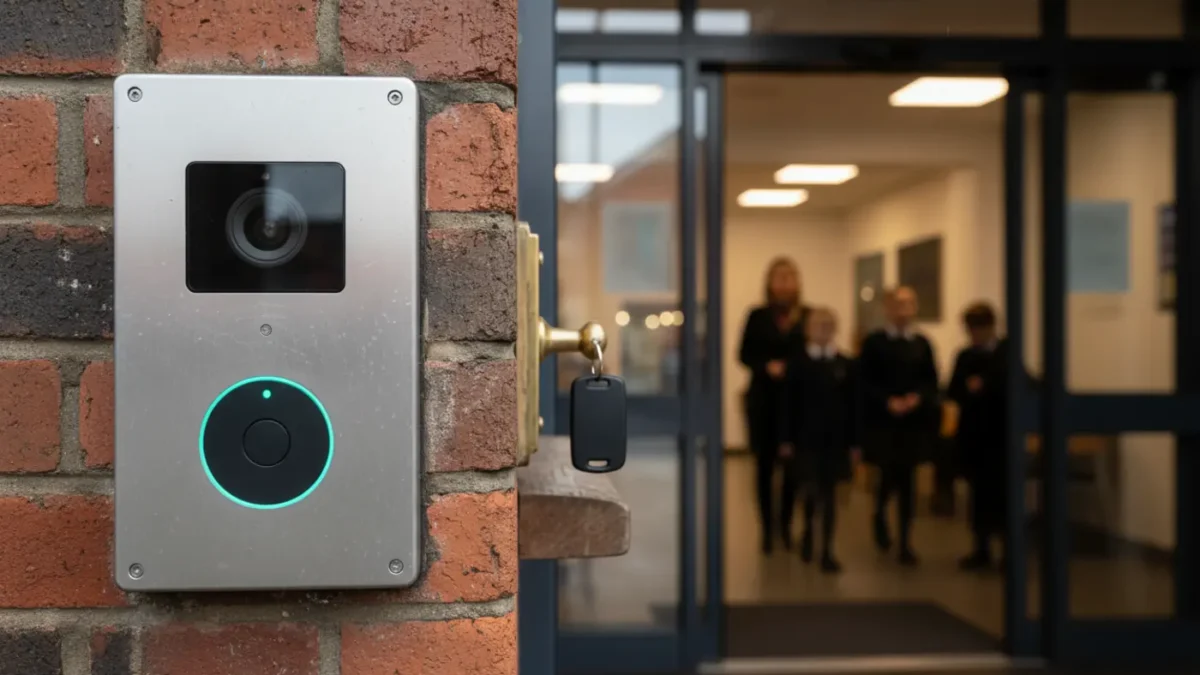 Access control reader at a Manchester AP school entrance for safeguarding visitor management