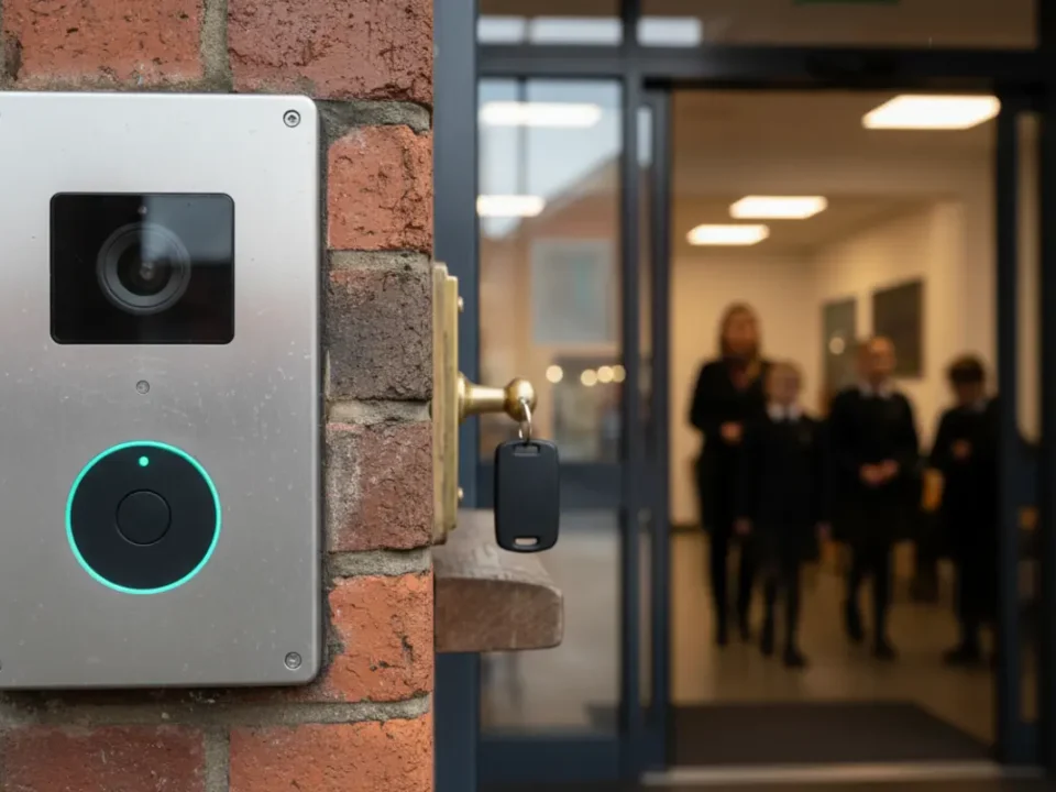 Access control reader at a Manchester AP school entrance for safeguarding visitor management