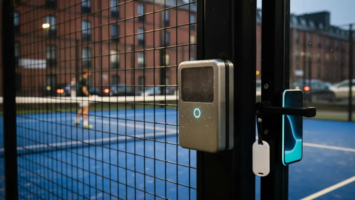 Padel court access control reader on a Manchester gate at blue hour