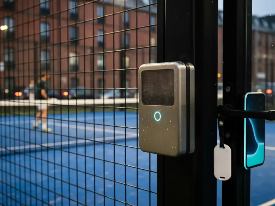 Padel court access control reader on a Manchester gate at blue hour