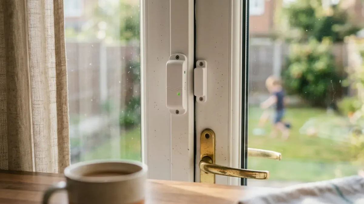 Magnetic door sensor on a UK patio door for intruder alarm detection