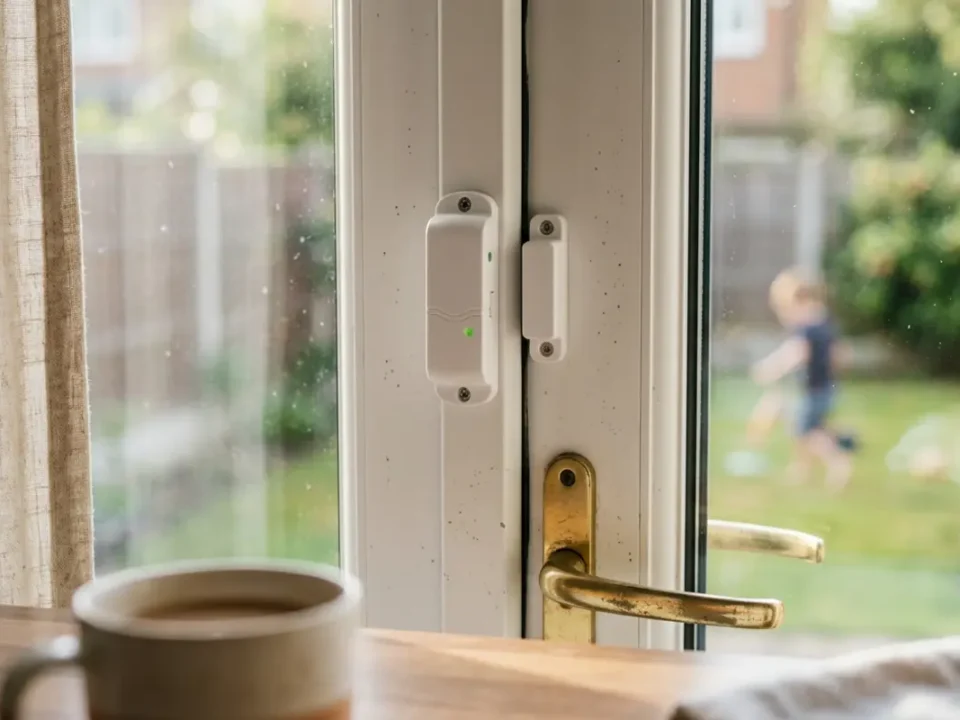 Magnetic door sensor on a UK patio door for intruder alarm detection
