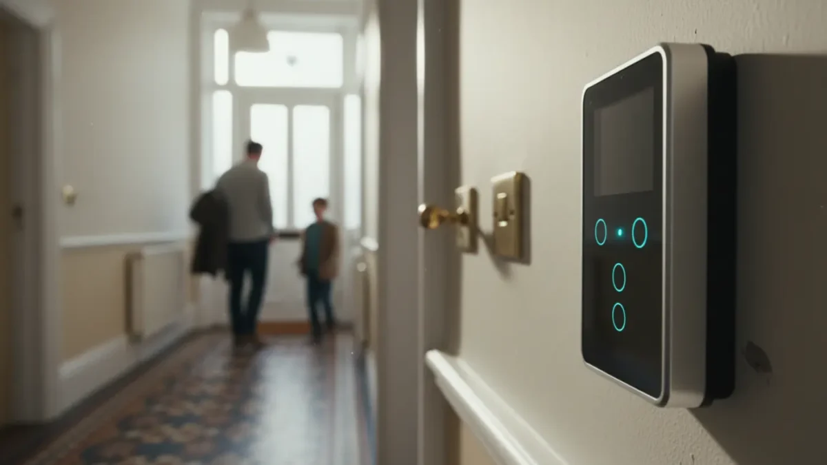 Intruder alarm keypad in a UK Victorian hallway explaining how burglar alarms work