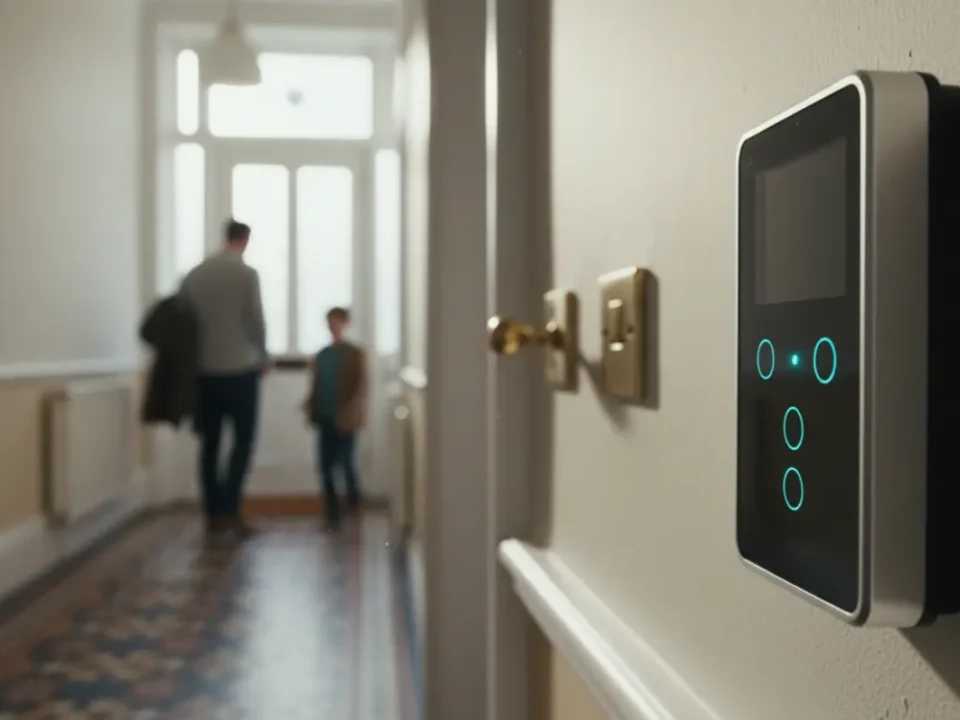 Intruder alarm keypad in a UK Victorian hallway explaining how burglar alarms work