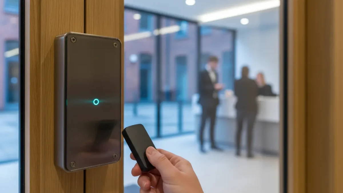 Access control reader at a Manchester office entrance explaining how access control systems work