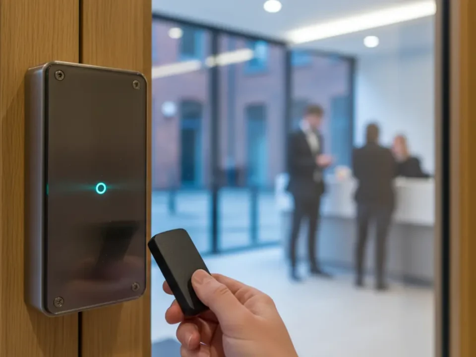 Access control reader at a Manchester office entrance explaining how access control systems work