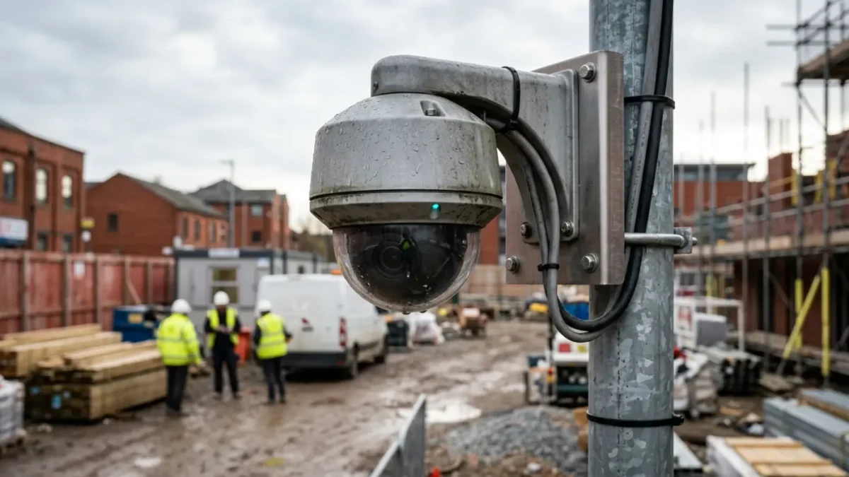 PTZ CCTV camera tower covering a UK construction site gate for camera count planning