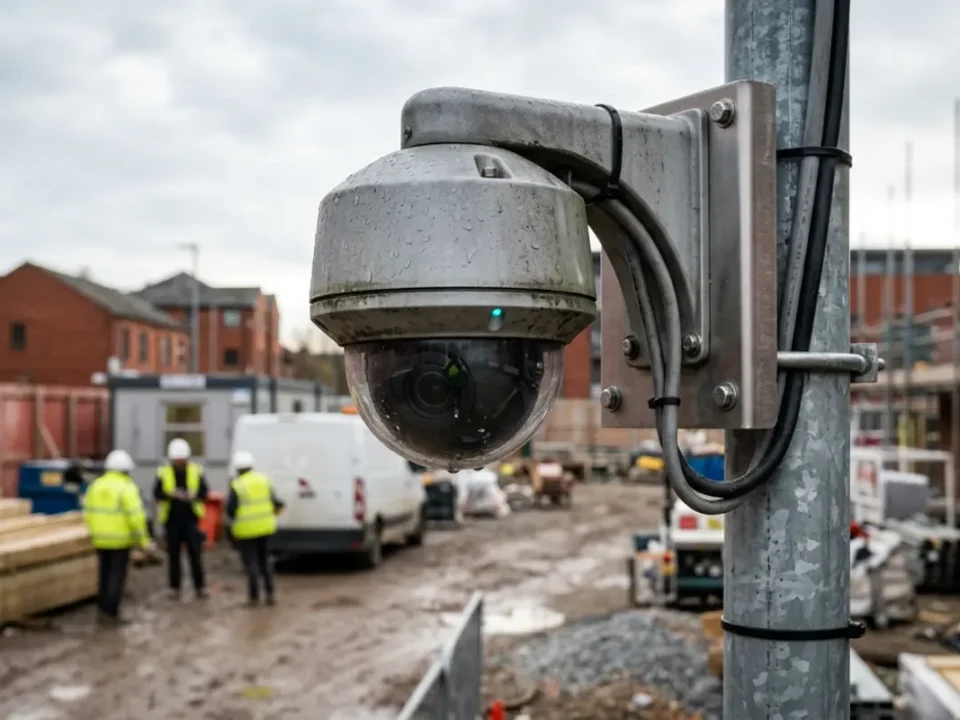 PTZ CCTV camera tower covering a UK construction site gate for camera count planning