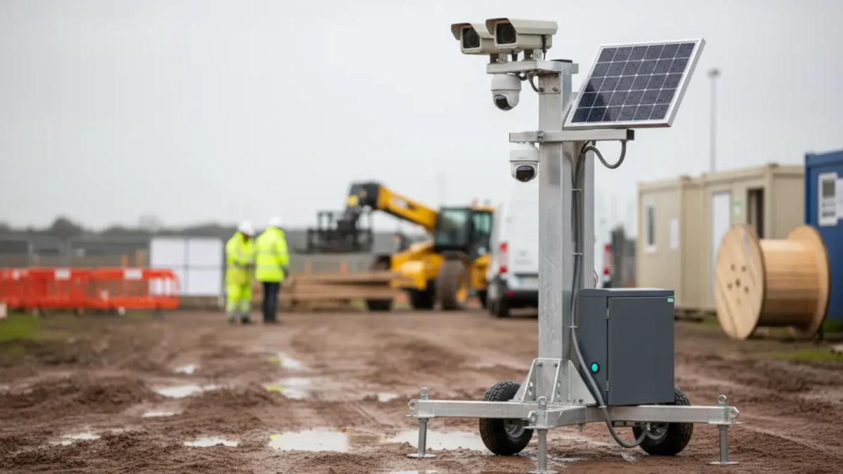 Mobile CCTV tower on a UK construction site for security monitoring