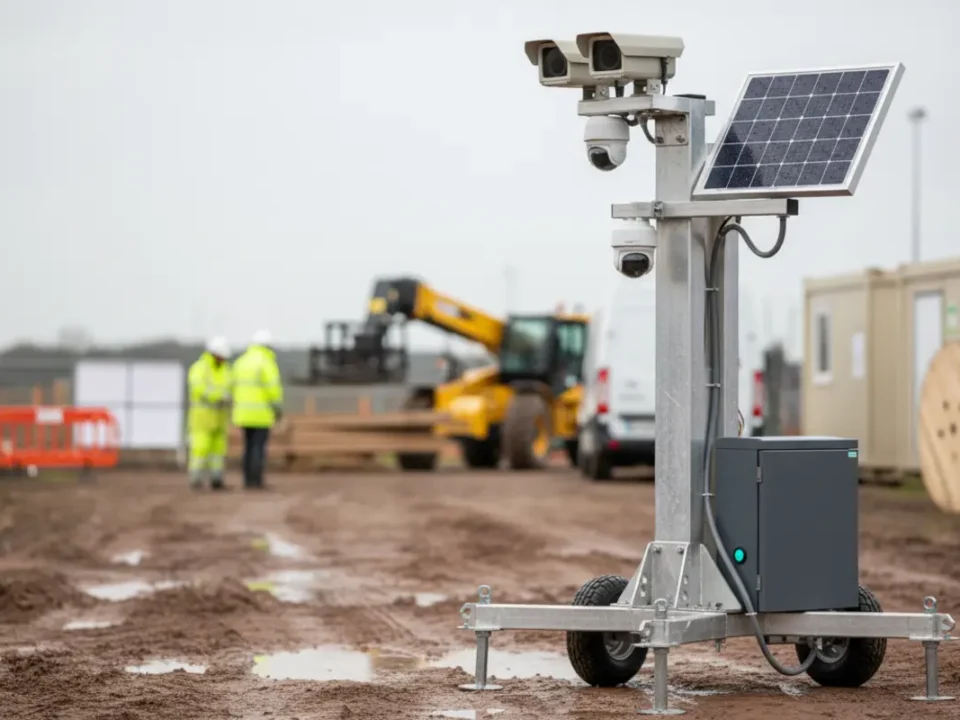 Mobile CCTV tower on a UK construction site for security monitoring