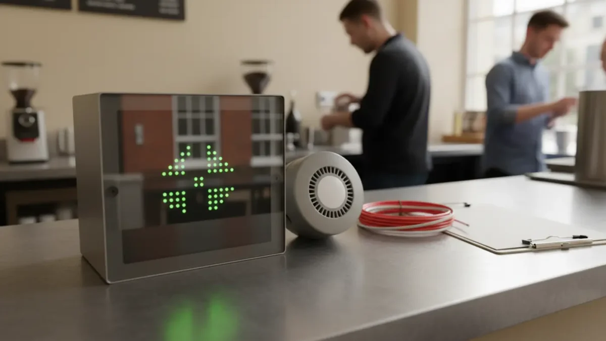 Fire alarm control panel in a Manchester café for UK fire alarm system cost planning