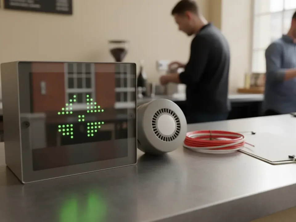 Fire alarm control panel in a Manchester café for UK fire alarm system cost planning