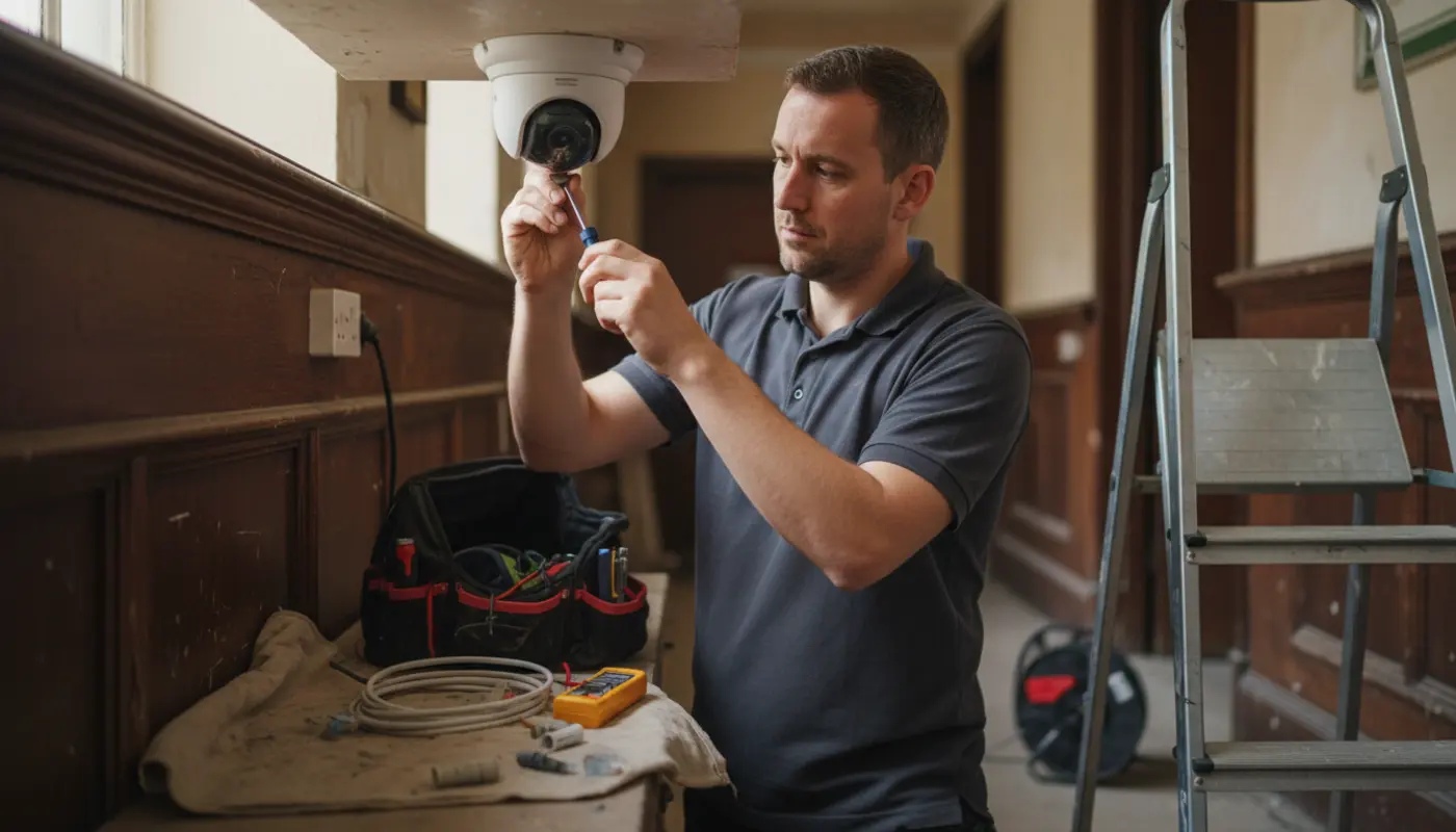 Engineer installing a CCTV dome camera in a UK venue for Martyn's Law compliance checks.