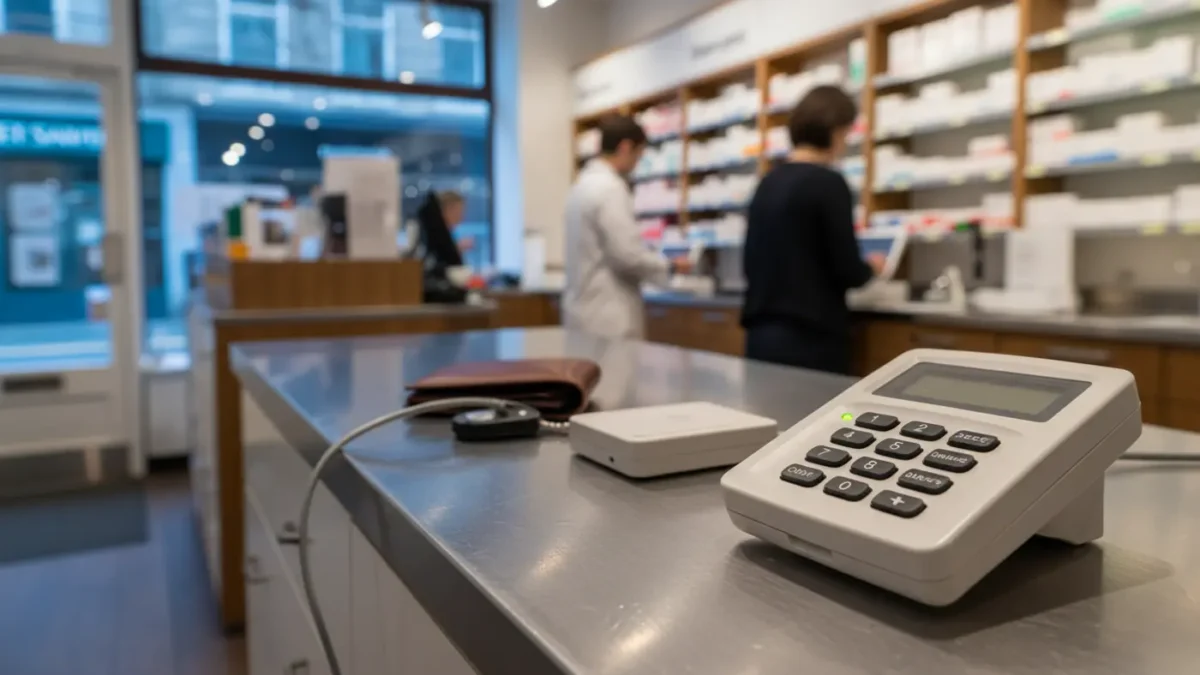 Monitored pharmacy intruder alarm keypad in a Manchester dispensary at blue hour