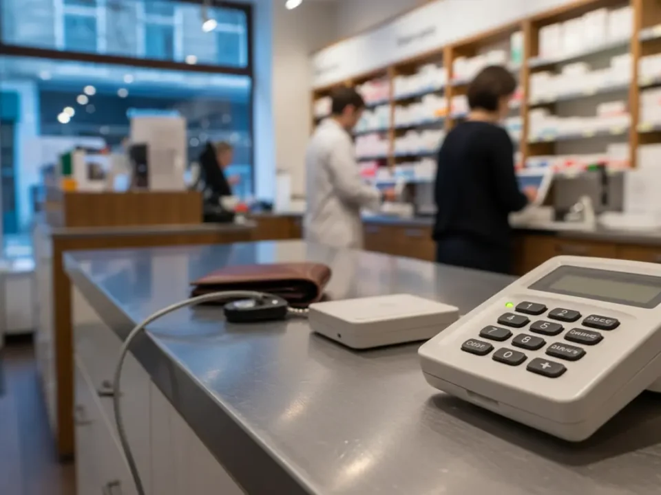 Monitored pharmacy intruder alarm keypad in a Manchester dispensary at blue hour