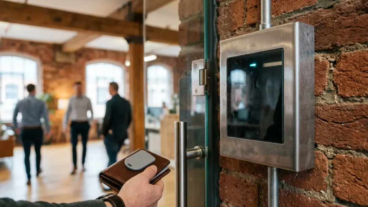 Access control reader at a Manchester office entrance showing commercial building security benefits