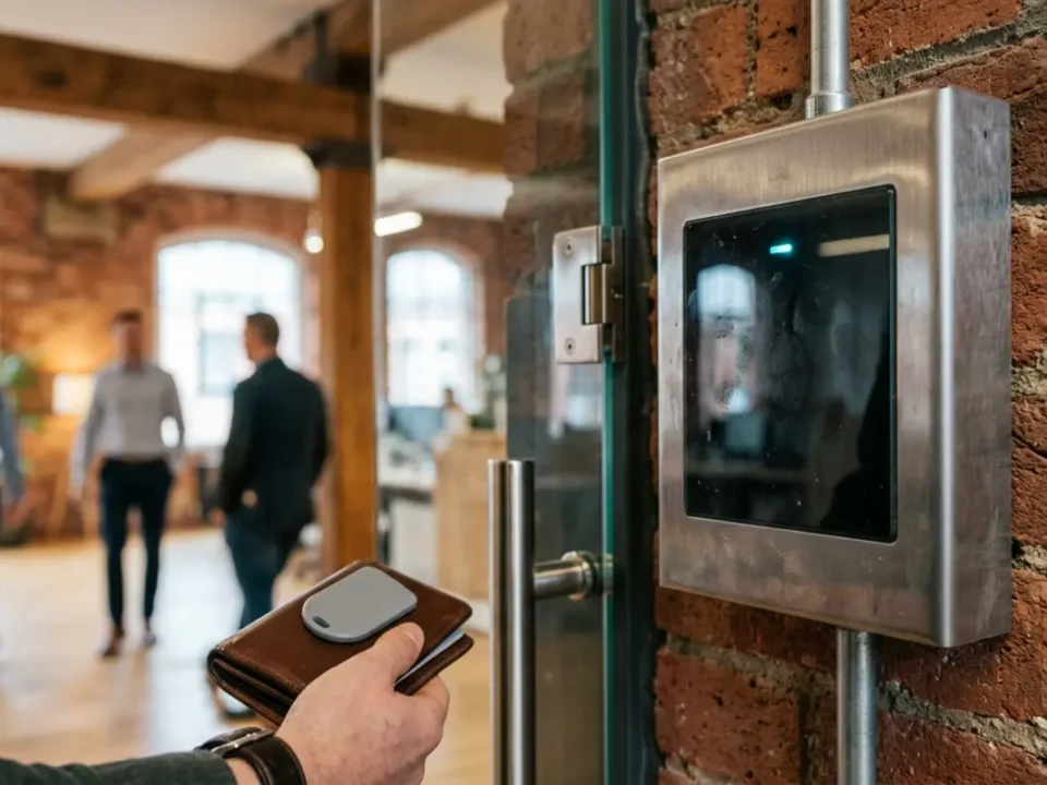 Access control reader at a Manchester office entrance showing commercial building security benefits