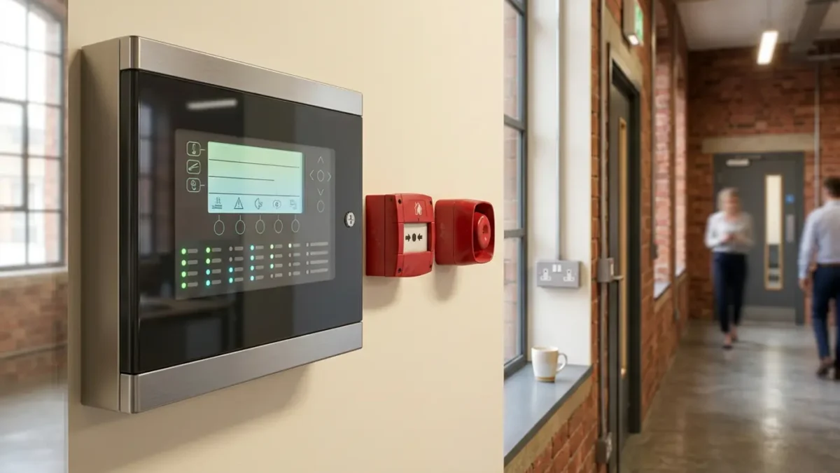 Addressable fire alarm control panel in a Manchester office for UK business fire alarm compliance