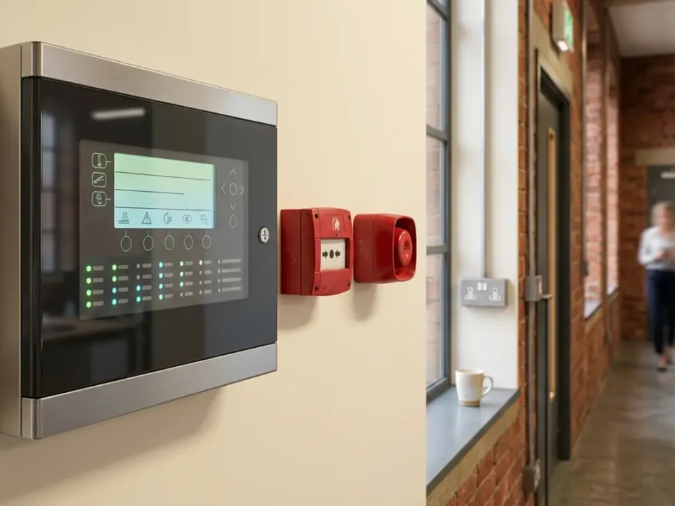 Addressable fire alarm control panel in a Manchester office for UK business fire alarm compliance