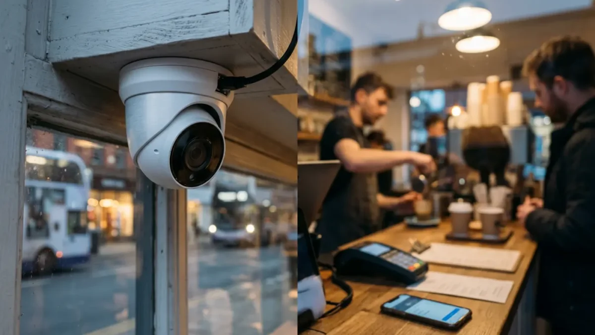 4K PoE CCTV camera at a Manchester café for best small business CCTV planning