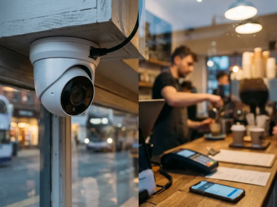 4K PoE CCTV camera at a Manchester café for best small business CCTV planning