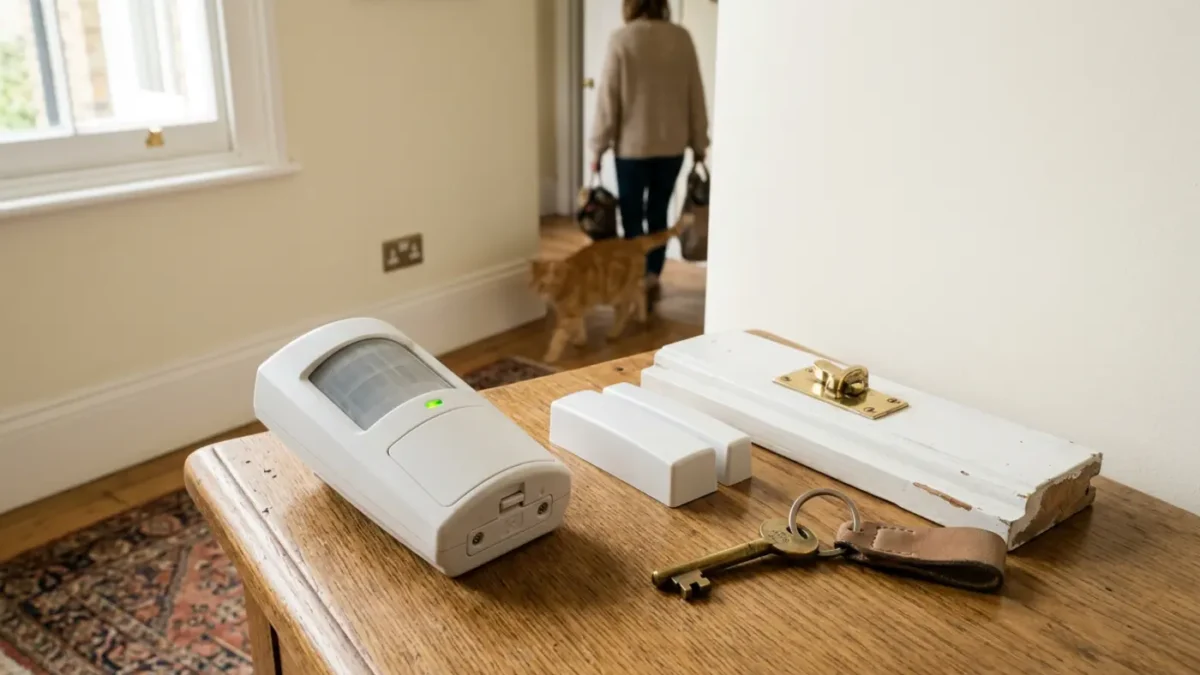 Wireless alarm sensors in a UK terrace hallway for intruder alarm sensor choices