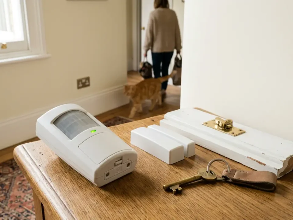 Wireless alarm sensors in a UK terrace hallway for intruder alarm sensor choices