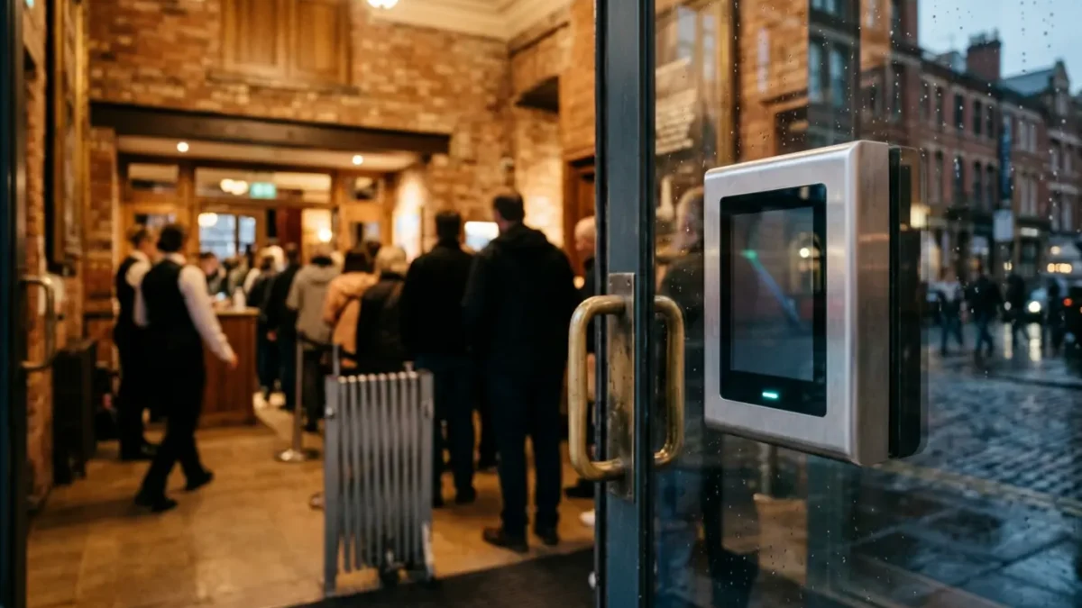 Access control reader at a Manchester venue entrance for Martyn’s Law readiness